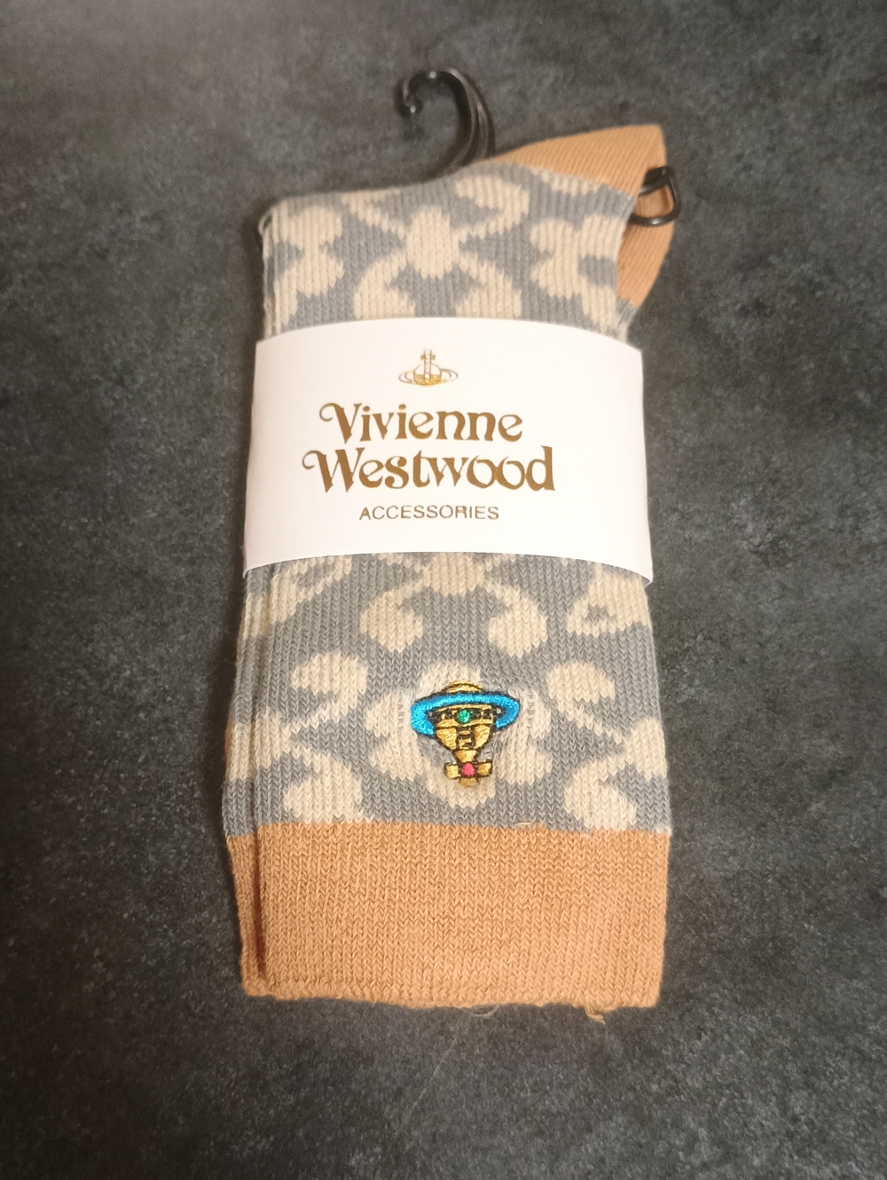 Vivienne Westwood Gray and Tan Patterned Men's Socks with Embroidered Orb